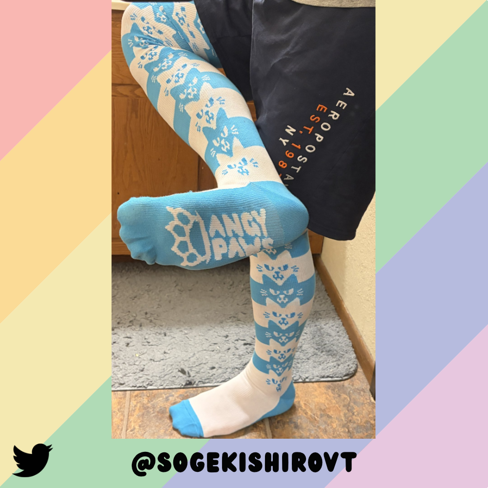 Light Blue Angy Cat Stak Thigh High Sockies